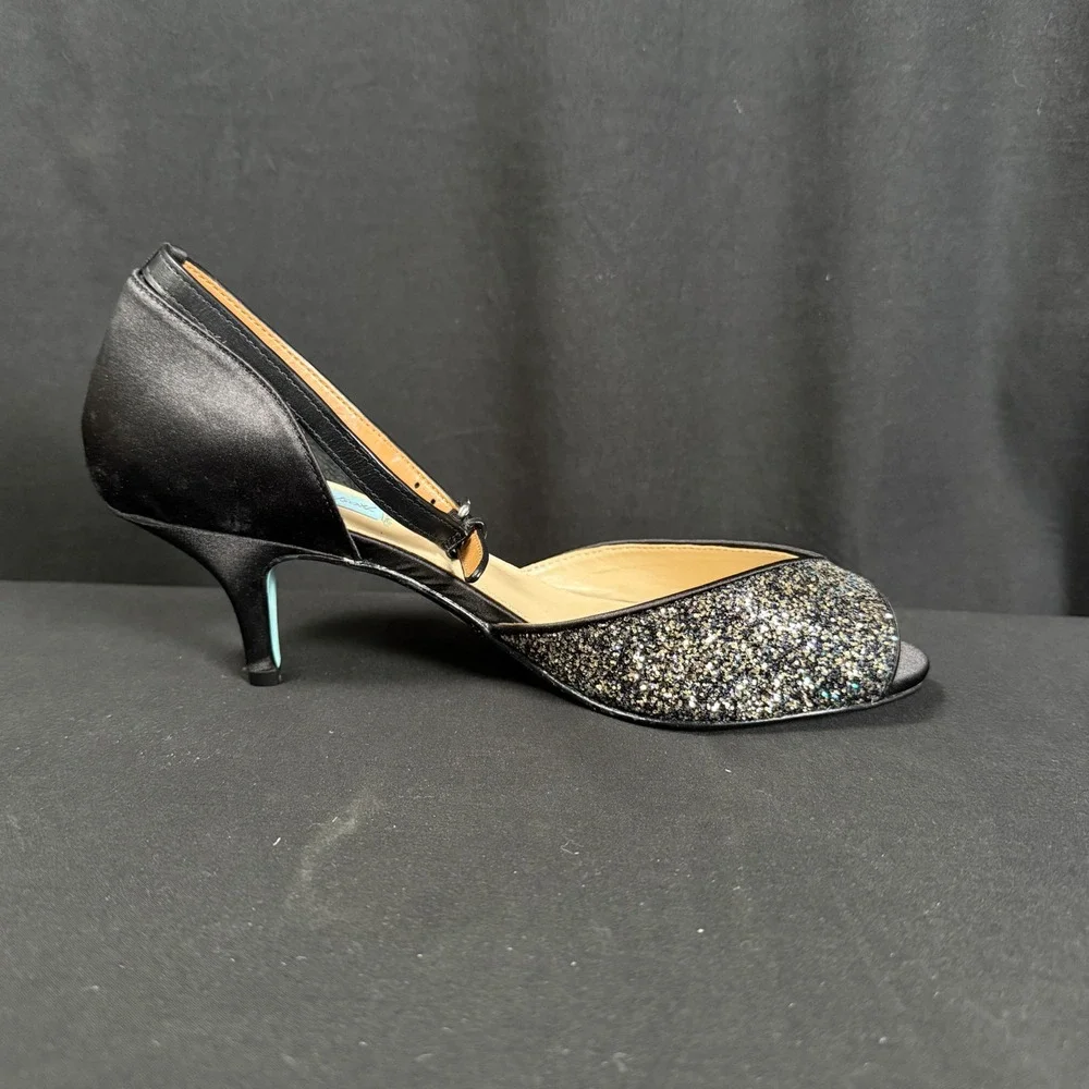 Betsey Johnson SB-RITA Black Glitter Peep Toe Kitten Heels Pumps Womens 8.5M